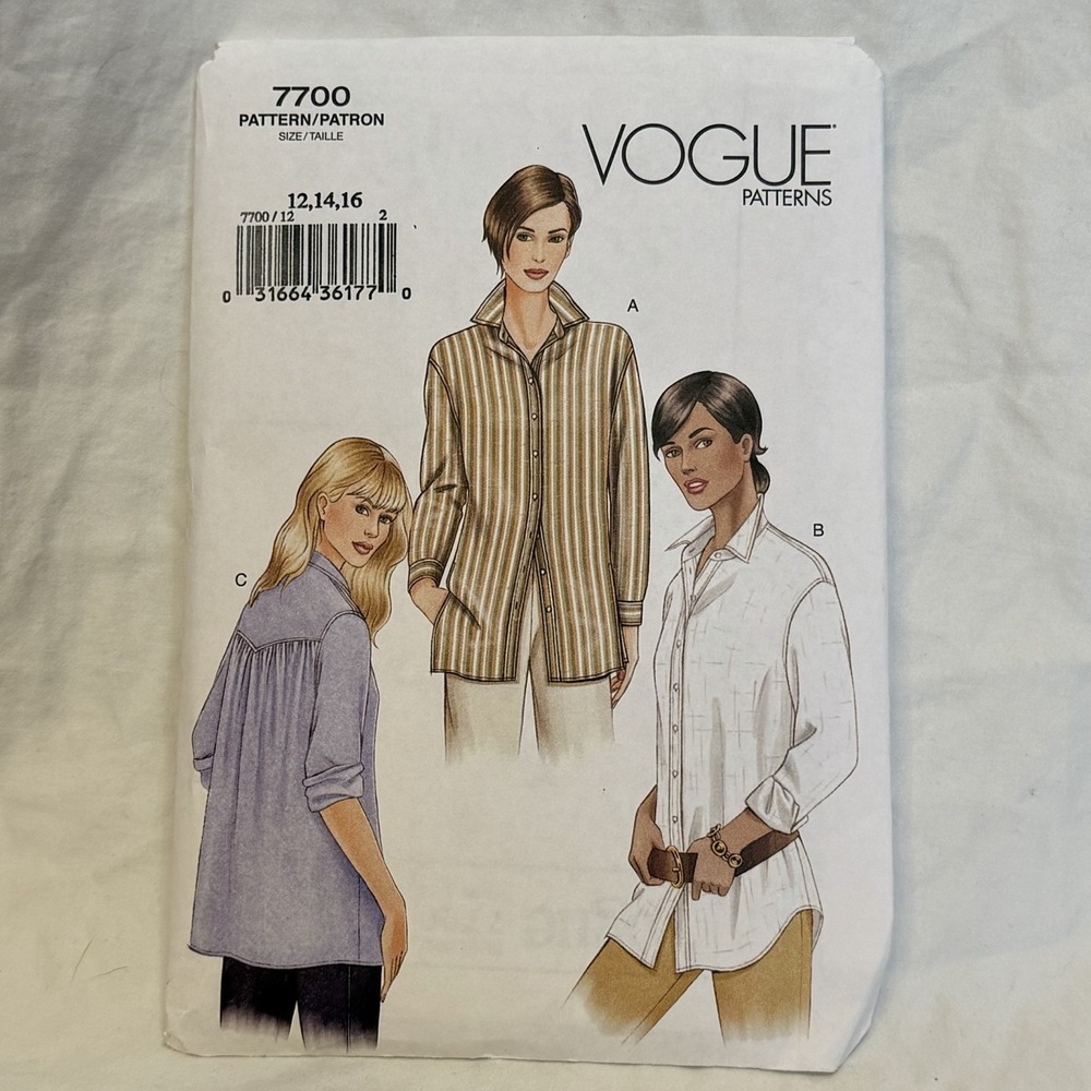 Vogue Patterns 7700 Button‎ Down Shirts Gathered Back 12-14-16